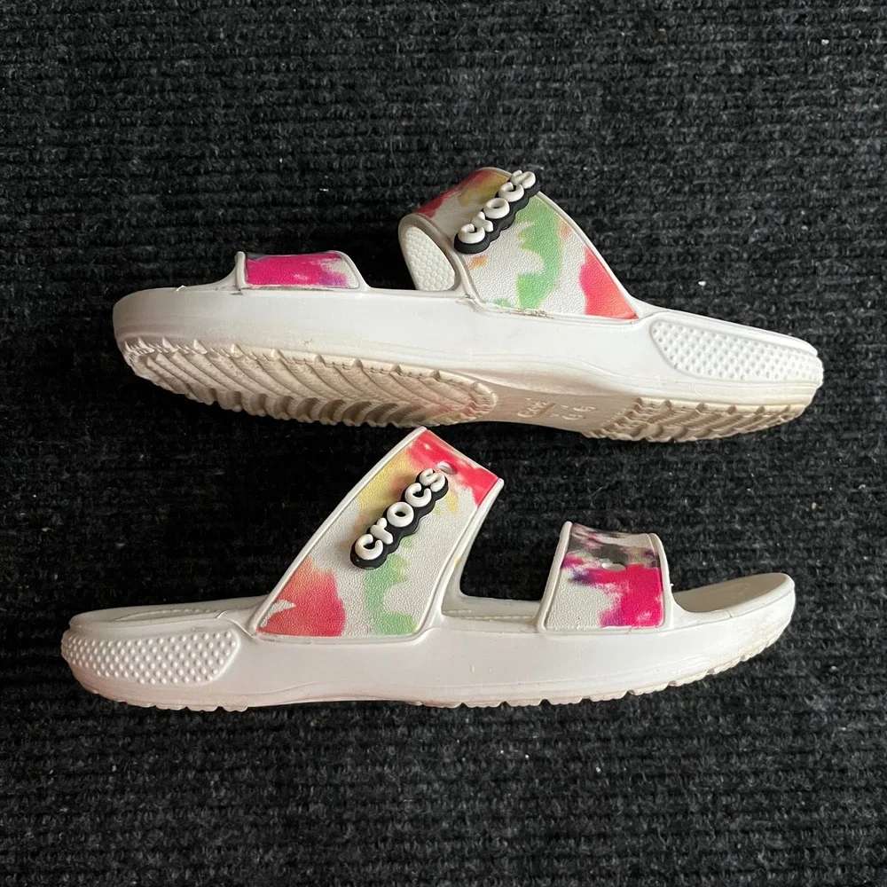 Crocs Classic Sandal Womens 6 White Tie Dye Two Strap Slide Comfort Shoes slipon